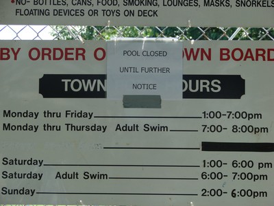 Signs were up Monday morning informing the public that the pool is closed.