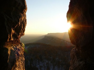 A view through the window at Sky Top Tower, Mohonk Mountain, New Paltz.  Photo by Mary Hall.