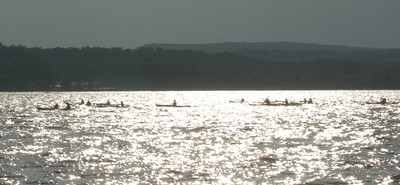 Kayakers await the flotilla.  Photo by Bob Langston.