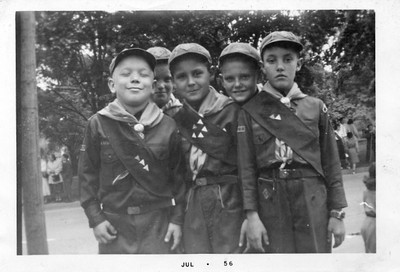 Cub Scouts L to R - Chip Hoffman, Donald Graham (background), George Kane, William Scism and Donald Wall. (Den Mothers: Mrs. Dwyer and Mrs. Dabrowski)