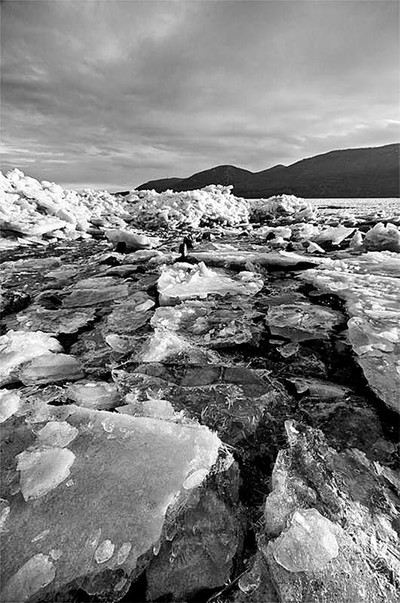 Ice and Sky in Black and White.  Photo by Mel Kleiman.