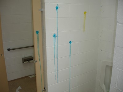 Paintballs were fired on the walls of the public restroom.