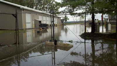 The DPW yard is flooded during the storm. Photo by Andrew Argenio.