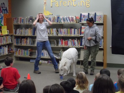 Photo by Jim Lennon.Maggie Howell, (Executive Director), Arctic Wolf 'ATKA' (Wolf Ambassador) and Rebecca Bose (Curator), of Wolf Conservation Center during 'Come and Meet ATKA the Wolf' at the Cornwall Library.