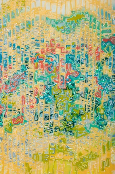 Dancing in the Sun and Rain, resin, pigment stick and enamel on canvas, 36 x 24 Rebecca Darlington