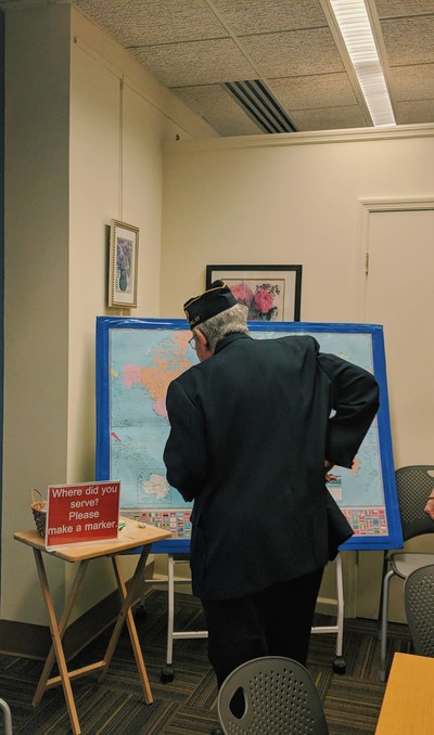 Photo by Casey Regenbaum. Map in the library where veterans would mark their locations of service. 