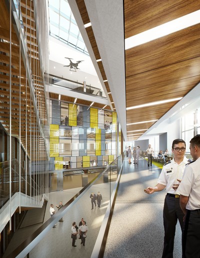 Rendering of the Cyber Engineering and Academic Center's Atrium (2nd Floor). Credit: Design Firm Jacobs Ewing Cole.
