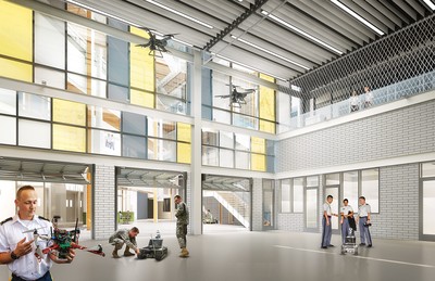 Rendering of the Cyber Engineering and Academic Center's Robotics High-Bay Lab. Credit: Design Firm Jacobs Ewing Cole.