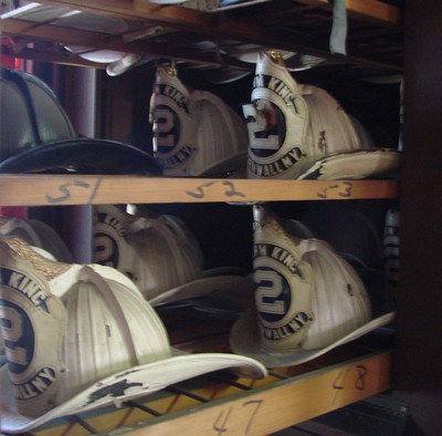 Rows of old Storm King helmets