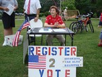 Town Clerk Elaine Schneer at the voter registration table.