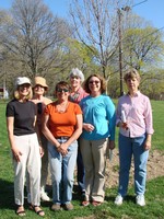 In front of a newly-planted sugar maple tree (l to r) Andrea Hamburger, Floranne Moulton, Kate Goodspeed, Sally Wortmann, Mary Ann Rose O'Dell, and Barbara Gosda.