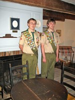 Denis O'Keeffe (l.) and Matthew Sweet made repairs at the Sands Ring Homestead to earn the Eagle Scout level. 