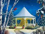 An artist's rendering of a Christmas tree inside of a gazebo makes a lovely winter scene.