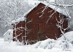 Orrs Mills barn in snow.  Photo by Julia Lawrence.