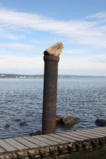 A log was hoisted atop this metal pipe.