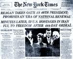 The front page of the New York Times on January 21, 1980 featured both President Reagan's inauguration and the hostages' release.