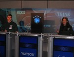 CCHS seniors Charlie Boucher and Kaitlin Strine on the Jeopardy set with Watson.
