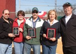 Little League officials honored for their service (from left): Nick and Peggy Visconti, Ben Perro, and Lana and Lynn Beesecker.