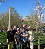 Photo by David Sirota. Cornwall Conservation Advisory Council member Kathi Ellick, Supervisor Kevin Quigley, Kate Goodspeed, Town Clerk Renata McGee, Councilman Randy Clark,and Sally Faith Dorfman-Sirota pose near newly-planted heritage maple tree by The Monument on Main Street.